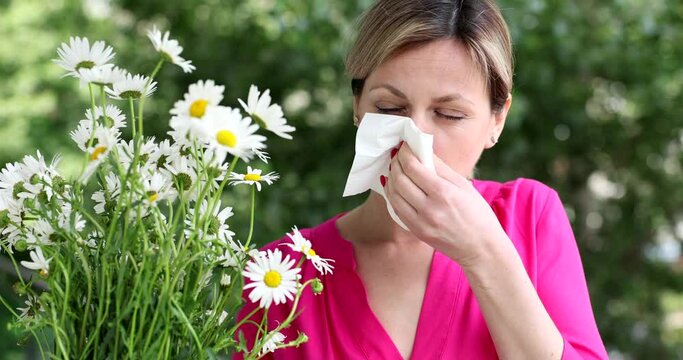 Young woman with hay fever blowing her nose in napkin near chamomile flowers 4k movie. Allergic diseases concept