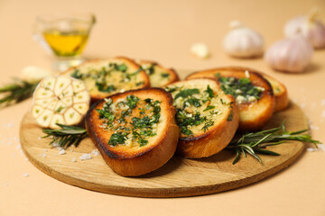 Tasty toasts with garlic, homemade products appetizer