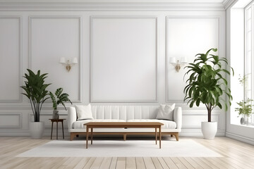 Fototapeta premium Interior living room modern classic style, vintage sofa with white minimal wall decorate background. Generative AI image in 3D illustration
