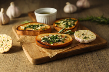 Tasty toasts with garlic, homemade products appetizer