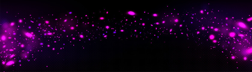 Burst of pink light sparkles glowing on transparent background. Vector realistic illustration of shiny color fireflies, magic power effect, confetti bokeh overlay pattern, abstract stardust texture
