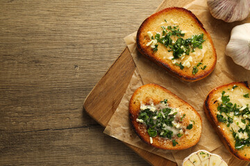 Tasty toasts with garlic, homemade products appetizer
