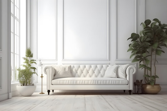 Interior living room modern classic style, vintage sofa with white minimal wall decorate background. Generative AI image in 3D illustration