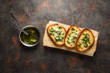 Tasty toasts with garlic, homemade products appetizer