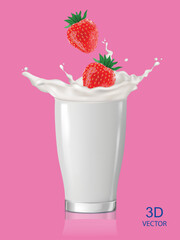 vector illustration fresh strawberries drop and milk glass splashing.3D design element on the pink color background.