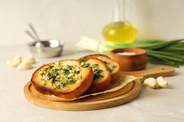 Tasty toasts with garlic, homemade products appetizer