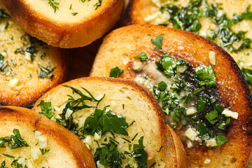 Tasty toasts with garlic, homemade products appetizer