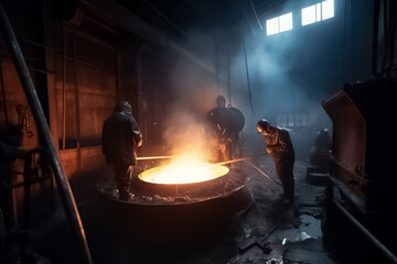 Workers operates at the metallurgical plant. Worker controlling metal melting in furnaces. generative ai
