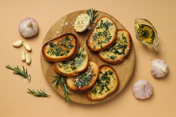 Tasty toasts with garlic, homemade products appetizer