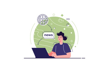 Concept Internet news with people scene in the flat cartoon style. A woman reads world news on the Internet. Vector illustration.