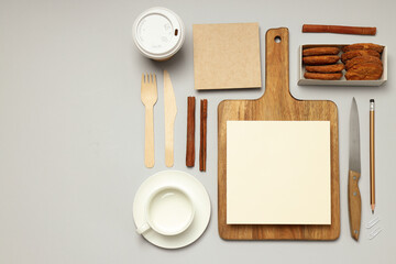 Mockup flat lay with cooking accessories, recipe concept, on light gray background - obrazy, fototapety, plakaty