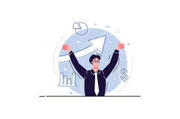 Sales performance concept with people scene in the flat cartoon design. The businessman is glad for the high productivity of sales. Vector illustration.