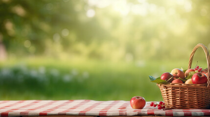 Picnic basket with red apples on a checkered tablecloth on a green meadow. Background with empty space for text. Generative AI