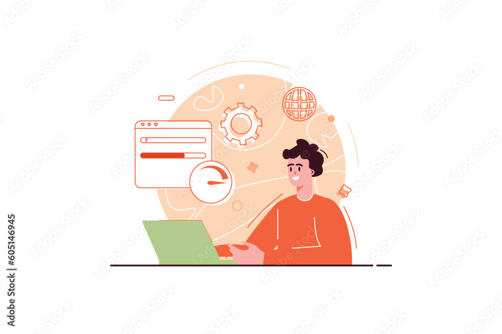Aufkleber Optimize website concept with people scene in the flat cartoon style. Programmer works on website optimization. Vector illustration.