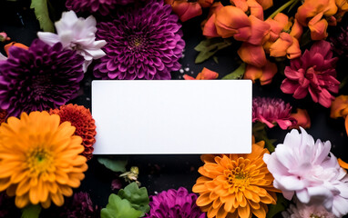 A blank white card surrounded by vibrant summer flowers in white, orange and black autumn colors. Copy space, greeting card. Shallow depth of field, Illustrative Generative AI.