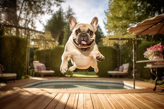 Image of a French bulldog jumping over the swimming pool in a backyard on a sunny day.