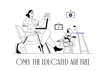 Concept education with people scene in the flat cartoon style. A girl acquires knowledge while staying at home. Vector illustration.