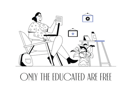 Concept education with people scene in the flat cartoon style. A girl acquires knowledge while staying at home. Vector illustration.