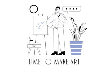 Concept Creative process with people scene in the flat cartoon design. The artist comes up with a concept for a new painting. Vector illustration.