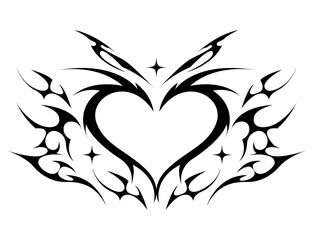 Black emo gothic tribal tattoo design in a cyber sigilism style, featuring hand-drawn ornament of heart shape. Vector illustration of y2k tattoo. - obrazy, fototapety, plakaty