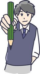 鉛筆を持って自信満々に見せる男子学生のイラスト