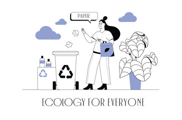 Eco waste concept wit people scene in the flat cartoon design. A girl sorts garbage into special containers to save the environment. Vector illustration.