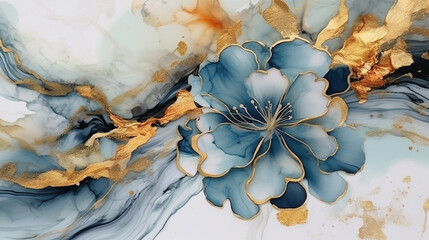 Alcohol inks flower with blue and gold on white background. 