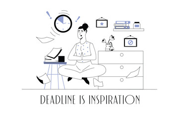 Obraz premium Deadline concept wit people scene in the flat cartoon design. The employee does not have time to complete the tasks before the deadlines, but he tries to remain calm. Vector illustration.