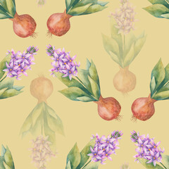 Watercolor background with blossoming hyacinths. Endless wallpaper with flowers. Hyacinth. Watercolor illustration. Hand drawn.