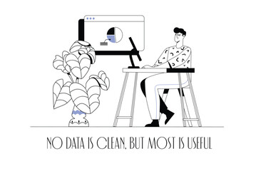 Data analysis concept wit people scene in the flat cartoon style. The data processing specialist started working with the new information. Vector illustration.