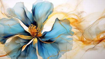 Alcohol inks flower with blue and gold on white background. 