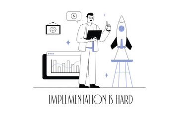 Business startup concept wit people scene in the flat cartoon design. A budding businessman launches his first startup, which will later turn into a big business. Vector illustration.