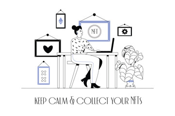 NFT concept wit people scene in the flat cartoon style. The girl is studying the NFT market, because she wants to join this work. Vector illustration.