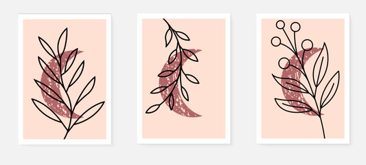 Fototapeta na wymiar Set of minimalist poster design botanical leaf branch abstract collage