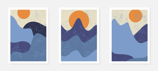Fototapeta premium Mountain background wall art vector set. Sunrise and sunset with fog in mountains. Earth tones landscapes abstract arts wallpaper design for wall framed prints, canvas prints, poster and home decor.