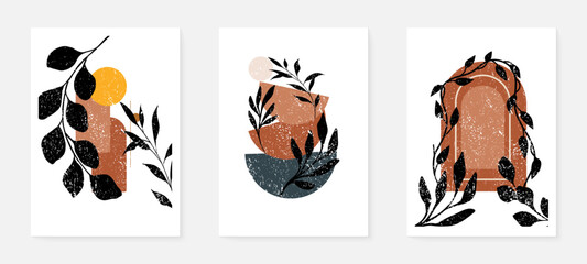Set of minimalist poster design botanical leaf branch abstract collage