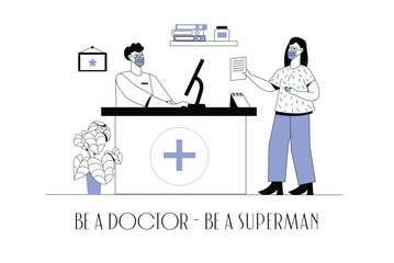 Fototapeta na wymiar Medical concept wit people scene in the flat cartoon style. A woman came for a consultation with a doctor with a paper referral. Vector illustration.