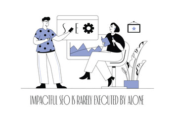 SEO concept wit people scene in the flat cartoon design. A team of seo specialists discuss working together. Vector illustration.