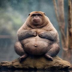 a fat gorilla sits on a large rock created with Generative Ai technology