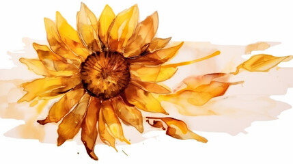 Beautiful sun flower golden alcohol ink on white. 