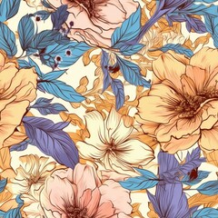 Abstract flowers sketch style drawing, seamless floral pattern. Generative AI