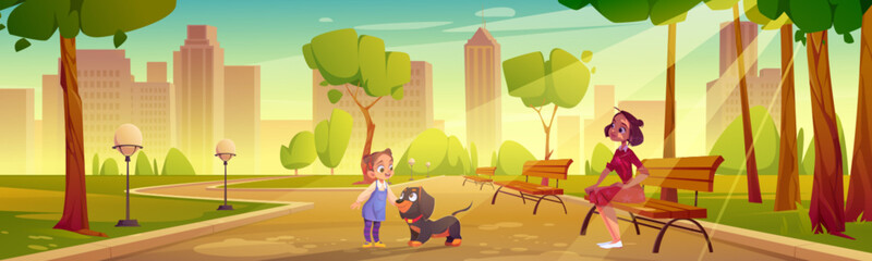 Obraz na płótnie Canvas Kid with dog and mother walk in summer city park cartoon vector landscape. Tree in garden near bench on street with cityscape background and happy daughter. Urban public sunny alley near downtown