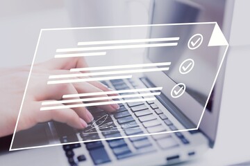 Questionnaire concept, hands on laptop computer