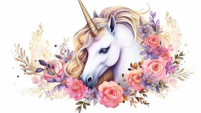 Beautiful unicorn card template with floral wreath . 