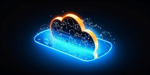 Glowing Cloud icon technology concept, exploded panel with cloud services and data protection, artificial intelligence information processing, Based on Generative AI