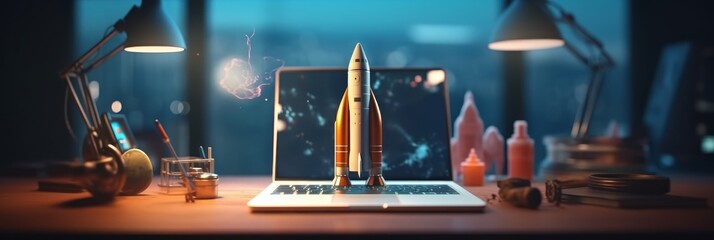 Rocket taking off from laptop screen, concept of innovation and digital progress. Generative AI