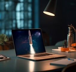 Rocket taking off from laptop screen, concept of innovation and digital progress. Generative AI