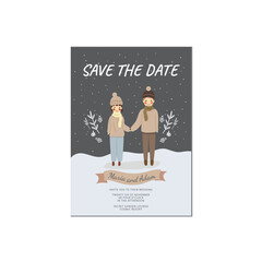 Fototapeta na wymiar Night Winter Landscape Wedding Invitation Couple Illustration