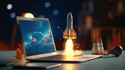 Rocket taking off from laptop screen, concept of innovation and digital progress. Generative AI