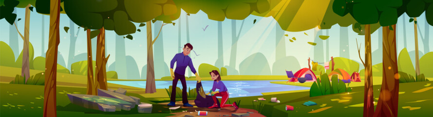 Volunteers collecting garbage in forest. Vector cartoon illustration of young conscious man and woman putting trash into bag, cleaning park territory near lake after camping on green glade under trees